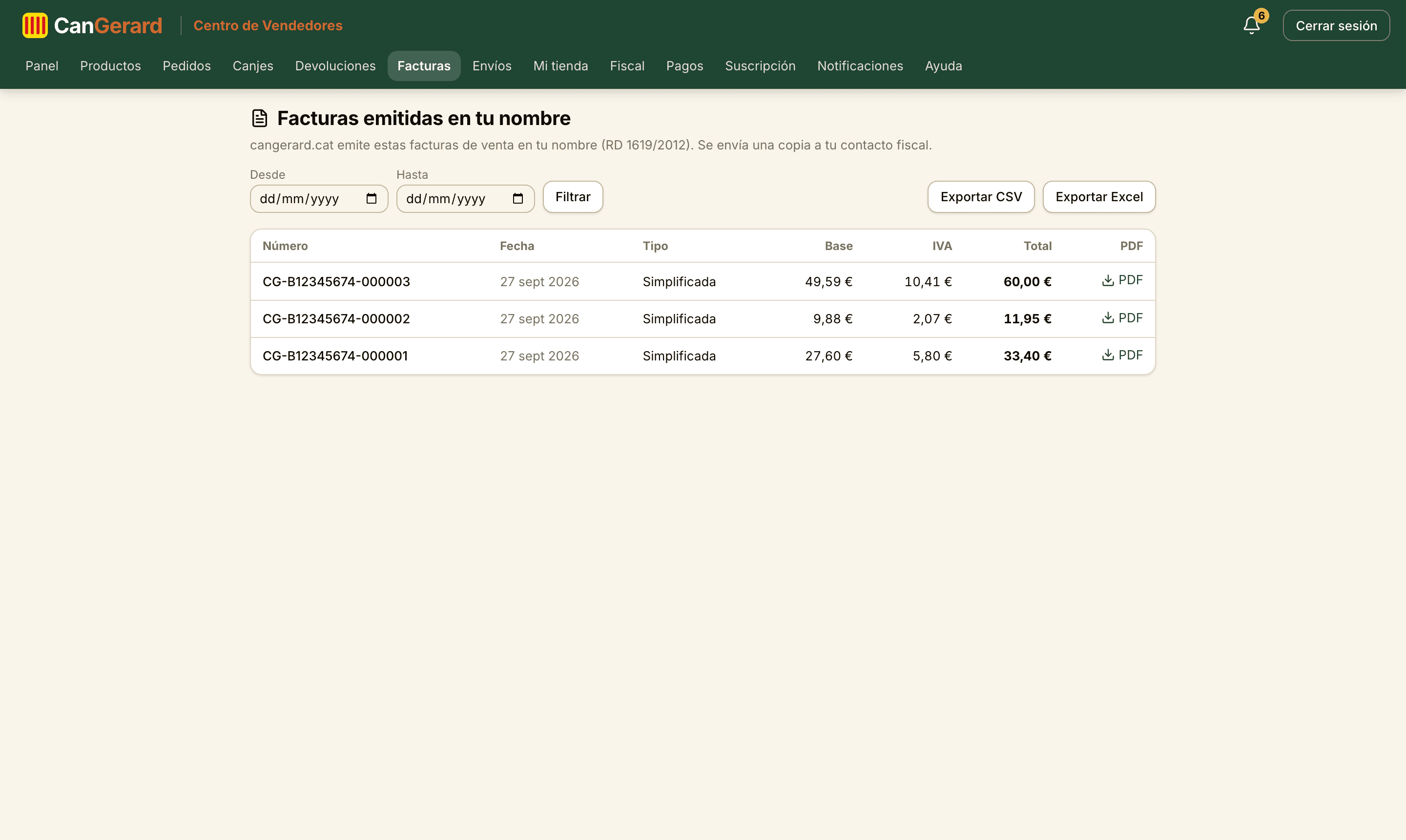 Las facturas de venta emitidas en tu nombre, con filtros por fechas y exportación a CSV/Excel.