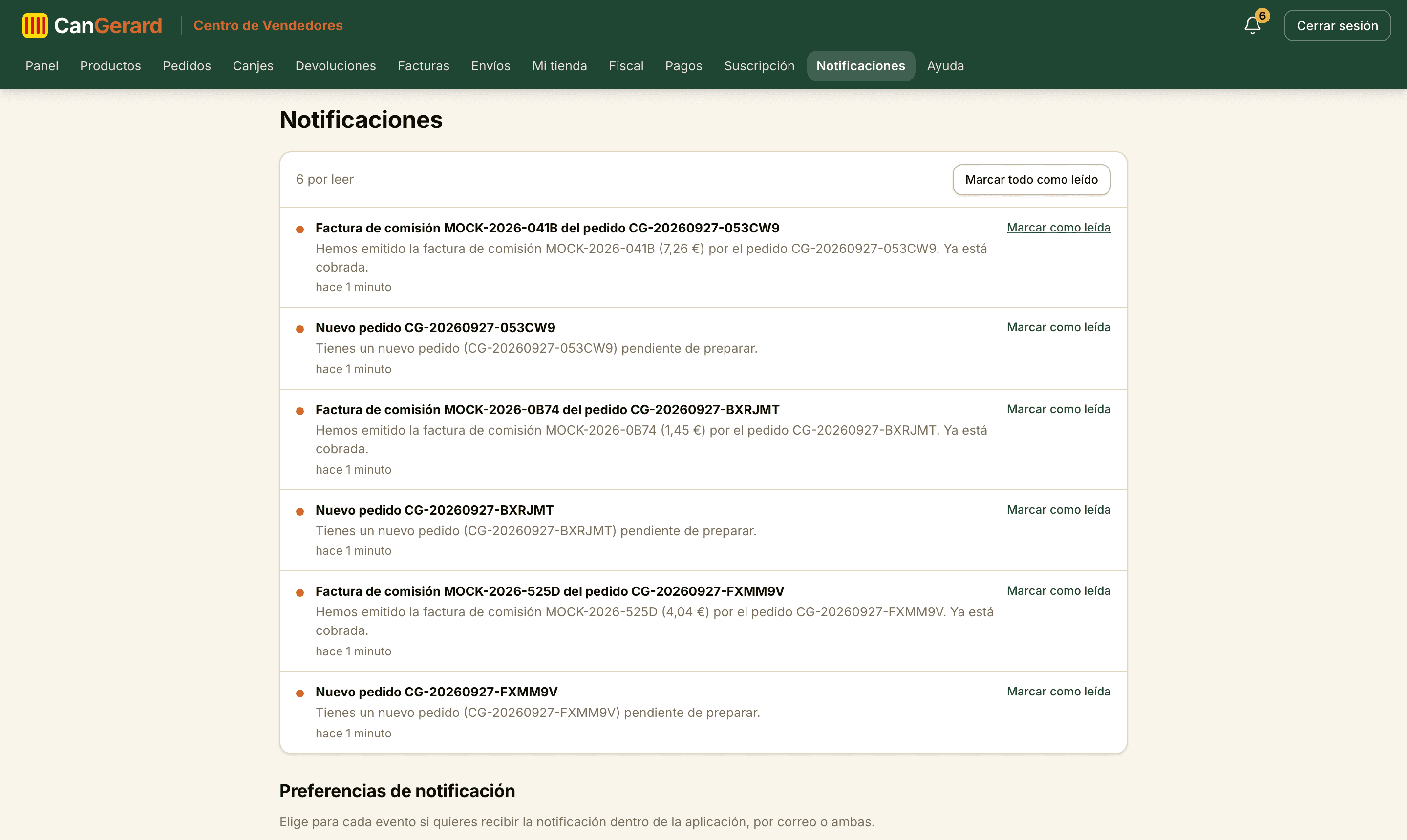 La lista de notificaciones. La matriz de preferencias está más abajo, en la misma página.