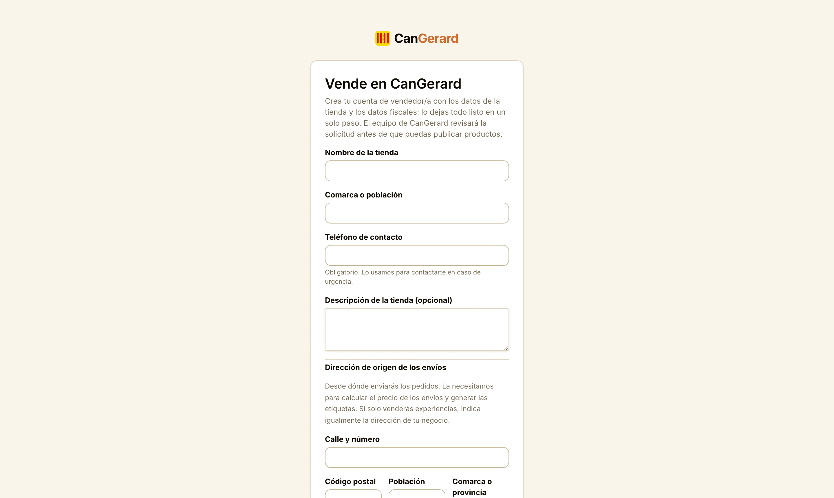 El formulario de registro de vendedor/a (cuenta nueva), con la ficha de la tienda, la dirección de origen de los envíos y los datos fiscales.