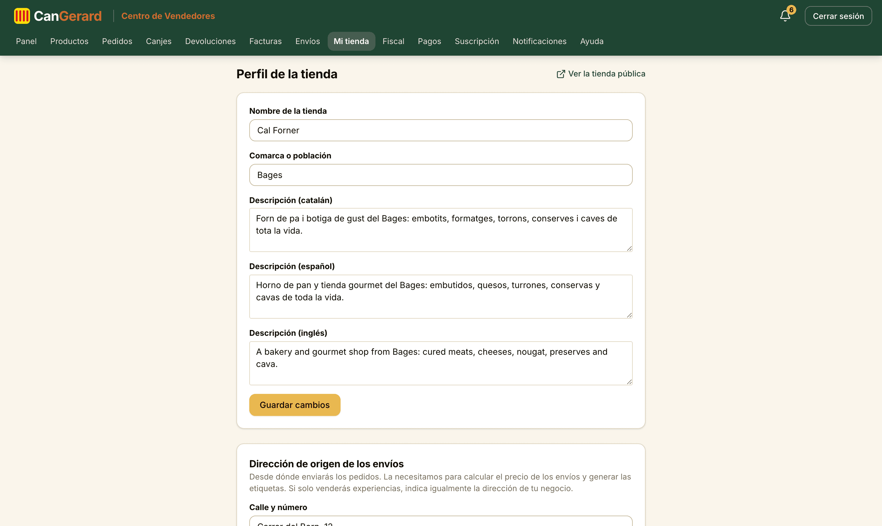 El editor del perfil público y, debajo, la dirección de origen de los envíos.