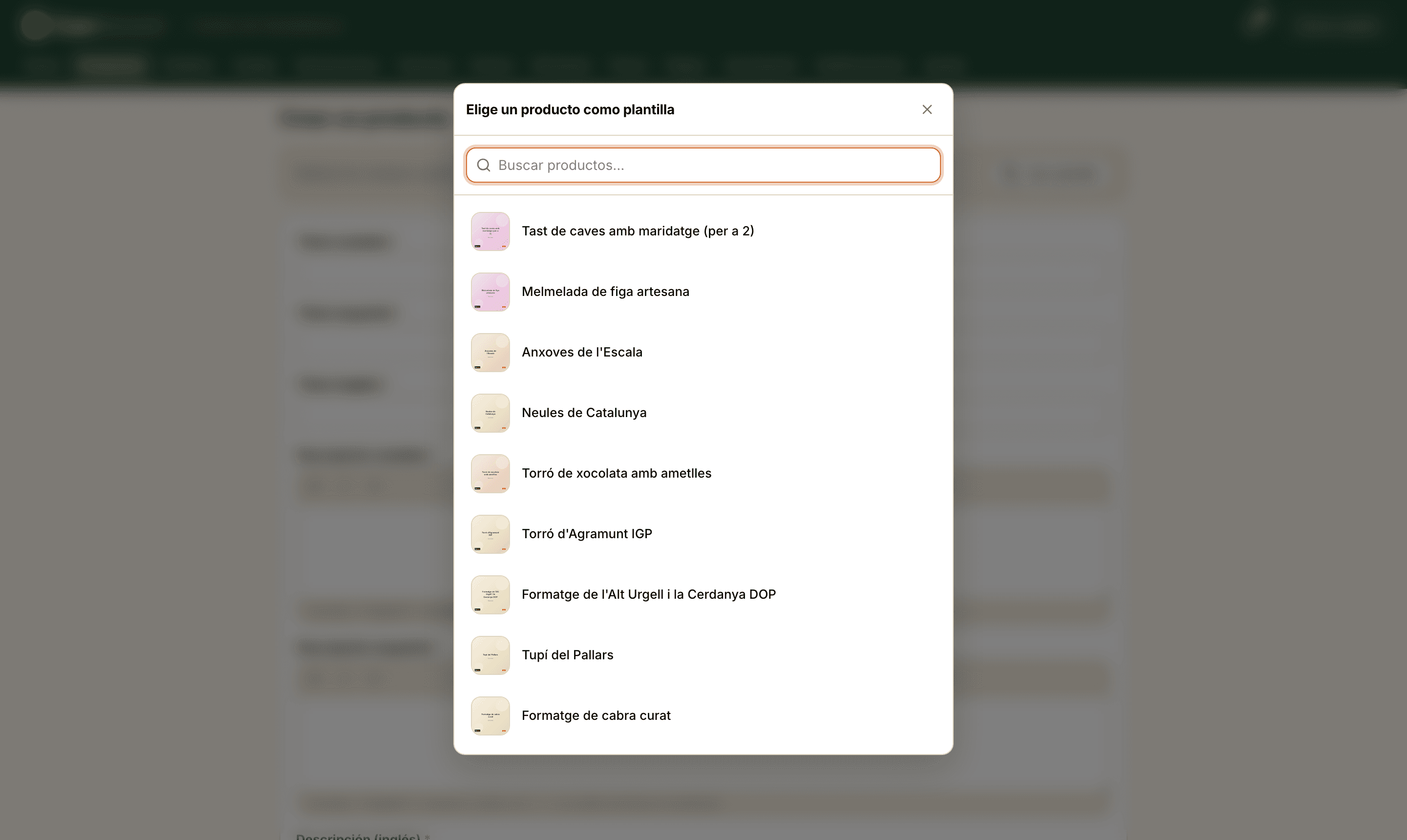 El selector de plantillas: cualquier producto tuyo, buscable por el título, a un clic.